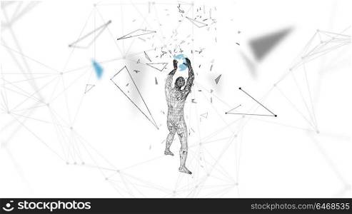 Conceptual abstract man holds a world globe. Connected lines, dots, triangles, particles. Artificial intelligence concept. High technology vector, digital background. 3D render vector illustration.. Conceptual abstract man with hands up holds a world globe. Connected lines, dots, triangles, particles. Artificial intelligence concept. High technology vector, digital background. 3D render vector illustration
