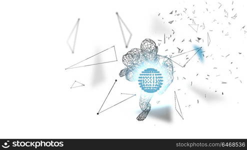 Conceptual abstract man holds a world globe. Connected lines, dots, triangles, particles. Artificial intelligence concept. High technology vector, digital background. 3D render vector illustration.. Conceptual abstract man with hands up holds a world globe. Connected lines, dots, triangles, particles. Artificial intelligence concept. High technology vector, digital background. 3D render vector illustration