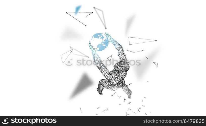 Conceptual abstract man holds a world globe. Connected lines, dots, triangles, particles. Artificial intelligence concept. High technology vector, digital background. 3D render vector illustration.. Conceptual abstract man with hands up holds a world globe. Connected lines, dots, triangles, particles. Artificial intelligence concept. High technology vector, digital background. 3D render vector illustration