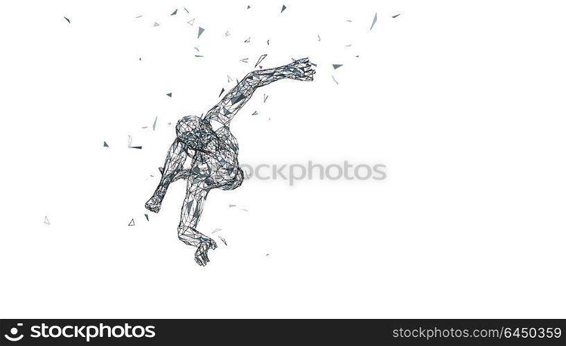 Conceptual abstract man in a jump. Connected lines, dots, triangles, particles. Artificial intelligence concept. High technology vector, digital background. 3D render vector illustration. Conceptual abstract man in a jump. Connected lines, dots, triangles, particles isolated on white. Artificial intelligence concept. High technology vector, digital background. 3D render vector illustration.