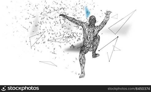 Conceptual abstract man in a jump. Connected lines, dots, triangles, particles. Artificial intelligence concept. High technology vector, digital background. 3D render vector illustration.. Conceptual abstract man in a jump. Connected lines, dots, triangles, particles. Artificial intelligence concept. High technology vector, digital background. 3D render vector illustration