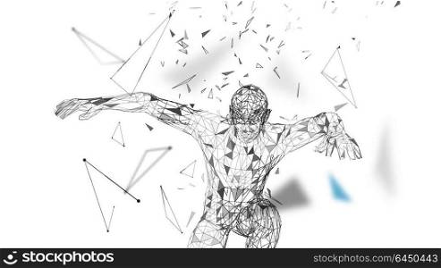 Conceptual abstract man in a jump. Connected lines, dots, triangles, particles. Artificial intelligence concept. High technology vector, digital background. 3D render vector illustration.. Conceptual abstract man in a jump. Connected lines, dots, triangles, particles. Artificial intelligence concept. High technology vector, digital background. 3D render vector illustration