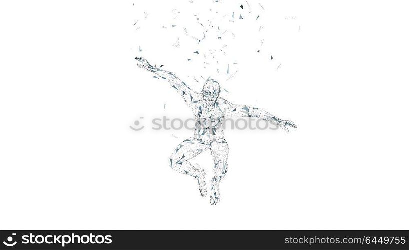 Conceptual abstract man in a jump. Connected lines, dots, triangles, particles isolated on white. Artificial intelligence concept. High technology vector, digital background. 3D render vector illustration. Conceptual abstract man in a jump. Connected lines, dots, triangles, particles isolated on white. Artificial intelligence concept. High technology vector, digital background. 3D render vector illustration.