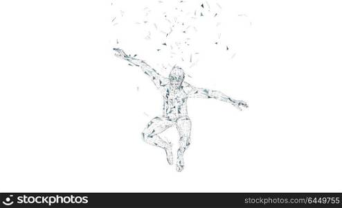 Conceptual abstract man in a jump. Connected lines, dots, triangles, particles isolated on white. Artificial intelligence concept. High technology vector, digital background. 3D render vector illustration. Conceptual abstract man in a jump. Connected lines, dots, triangles, particles isolated on white. Artificial intelligence concept. High technology vector, digital background. 3D render vector illustration.