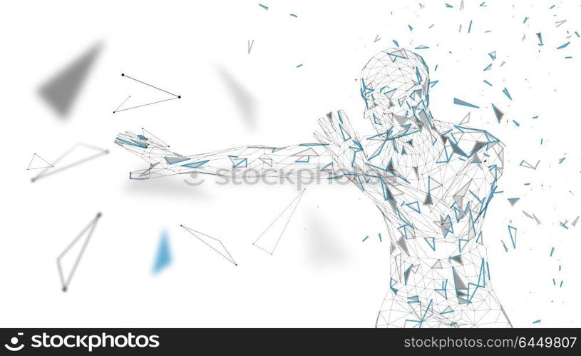 Conceptual abstract man is afraid of fear. Connected lines, dots, triangles, particles. Artificial intelligence concept. High technology vector, digital background. 3D render vector illustration.. Conceptual abstract man is afraid of fear. Connected lines, dots, triangles, particles. Artificial intelligence concept. High technology vector, digital background. 3D render vector illustration