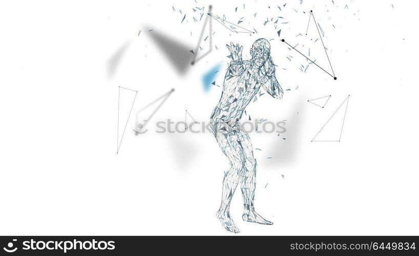 Conceptual abstract man is afraid of fear. Connected lines, dots, triangles, particles. Artificial intelligence concept. High technology vector, digital background. 3D render vector illustration.. Conceptual abstract man is afraid of fear. Connected lines, dots, triangles, particles. Artificial intelligence concept. High technology vector, digital background. 3D render vector illustration