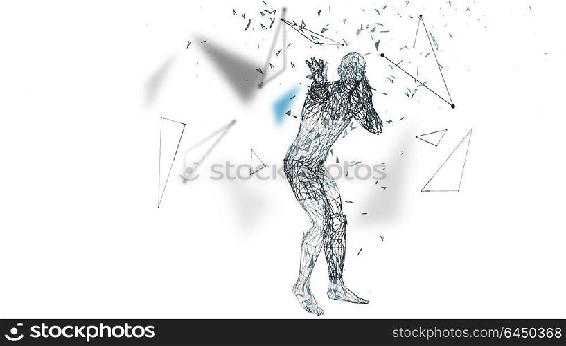 Conceptual abstract man is afraid of fear. Connected lines, dots, triangles, particles. Artificial intelligence concept. High technology vector, digital background. 3D render vector illustration.. Conceptual abstract man is afraid of fear. Connected lines, dots, triangles, particles. Artificial intelligence concept. High technology vector, digital background. 3D render vector illustration