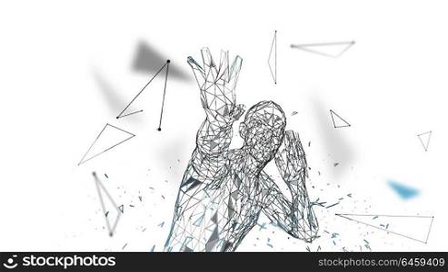 Conceptual abstract man is afraid of fear. Connected lines, dots, triangles, particles. Artificial intelligence concept. High technology vector, digital background. 3D render vector illustration.. Conceptual abstract man is afraid of fear. Connected lines, dots, triangles, particles. Artificial intelligence concept. High technology vector, digital background. 3D render vector illustration