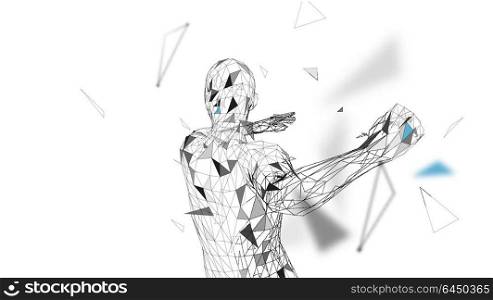 Conceptual abstract man is doing powerful punch. Connected lines, dots, triangles, particles. Artificial intelligence concept. High technology vector, digital background. 3D render vector illustration. Conceptual abstract man is doing powerful punch. Connected lines, dots, triangles, particles. Artificial intelligence concept. High technology vector, digital background. 3D render vector illustration.