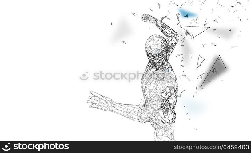 Conceptual abstract man is doing powerful punch. Connected lines, dots, triangles, particles. Artificial intelligence concept. High technology vector, digital background. 3D render vector illustration. Conceptual abstract man is doing powerful punch. Connected lines, dots, triangles, particles. Artificial intelligence concept. High technology vector, digital background. 3D render vector illustration.