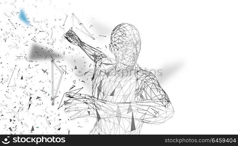 Conceptual abstract man is doing powerful punch. Connected lines, dots, triangles, particles. Artificial intelligence concept. High technology vector, digital background. 3D render vector illustration. Conceptual abstract man is doing powerful punch. Connected lines, dots, triangles, particles. Artificial intelligence concept. High technology vector, digital background. 3D render vector illustration.