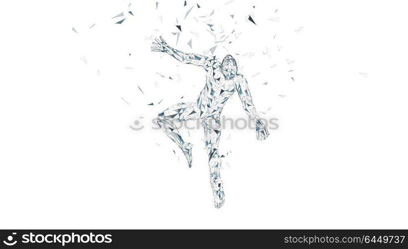 Conceptual abstract man is soaring in air. Connected lines, dots, triangles, particles isolated on white. Artificial intelligence concept. High technology vector, digital background. 3D render vector. Conceptual abstract man is soaring in air. Connected lines, dots, triangles, particles isolated on white. Artificial intelligence concept. High technology vector, digital background. 3D render vector.