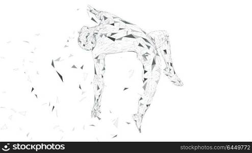 Conceptual abstract man is soaring in air. Connected lines, dots, triangles, particles isolated on white. Artificial intelligence concept. High technology vector, digital background. 3D render vector. Conceptual abstract man is soaring in air. Connected lines, dots, triangles, particles isolated on white. Artificial intelligence concept. High technology vector, digital background. 3D render vector.