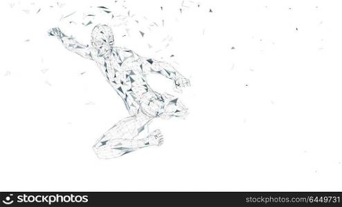 Conceptual abstract man jumping in kung fu kick. Connected lines, dots, triangles, particles. Artificial intelligence concept. High technology vector, digital background. 3D render vector illustration. Conceptual abstract man jumping in kung fu kick. Connected lines, dots, triangles, particles. Artificial intelligence concept. High technology vector, digital background. 3D render vector illustration.