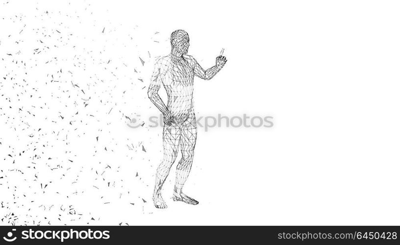 Conceptual abstract man pointing finger up. Connected lines, dots, triangles, particles. Artificial intelligence concept. High technology vector digital background. 3D render vector illustration. Conceptual abstract man pointing finger up. Connected lines, dots, triangles, particles on white background. Artificial intelligence concept. High technology vector digital background. 3D render vector illustration
