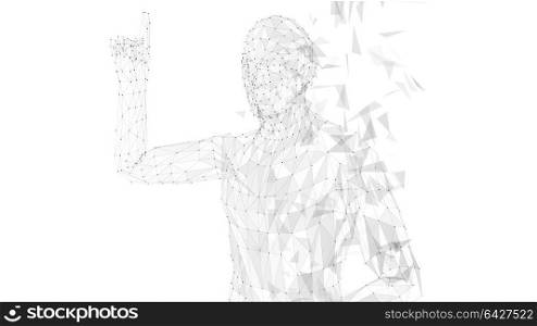Conceptual abstract man pointing finger up. Connected lines, dots, triangles, particles on white. Artificial intelligence concept. High technology vector digital background. 3D render vector. Conceptual abstract man pointing finger up. Connected lines, dots, triangles, particles on white background. Artificial intelligence concept. High technology vector digital background. 3D render vector illustration