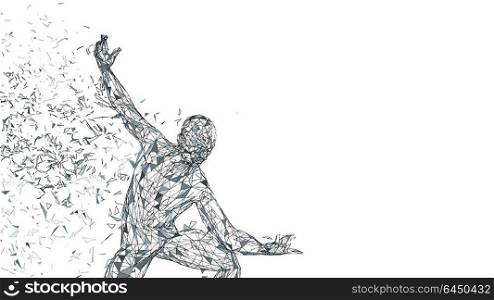 Conceptual abstract man ready to fight. Connected lines, dots, triangles, particles. Artificial intelligence concept. High technology vector, digital background. 3D render vector illustration. Conceptual abstract man ready to fight. Connected lines, dots, triangles, particles isolated on white. Artificial intelligence concept. High technology vector, digital background. 3D render vector illustration.