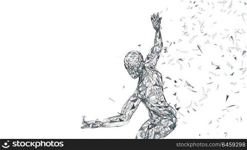 Conceptual abstract man ready to fight. Connected lines, dots, triangles, particles. Artificial intelligence concept. High technology vector, digital background. 3D render vector illustration. Conceptual abstract man ready to fight. Connected lines, dots, triangles, particles isolated on white. Artificial intelligence concept. High technology vector, digital background. 3D render vector illustration.