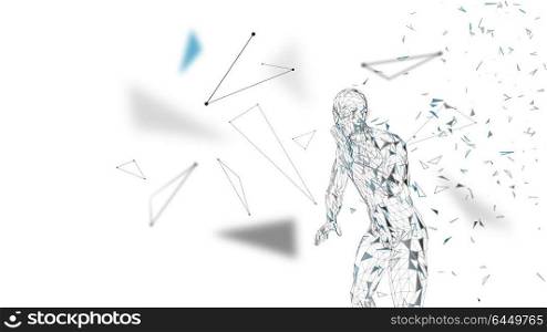 Conceptual abstract man shouting to someone. Connected lines, dots, triangles, particles on white background. Artificial intelligence concept. High technology vector, digital background. 3D render vector illustration.. Conceptual abstract man shouting to someone. Connected lines, dots, triangles, particles on white background. Artificial intelligence concept. High technology vector, digital background. 3D render vector illustration