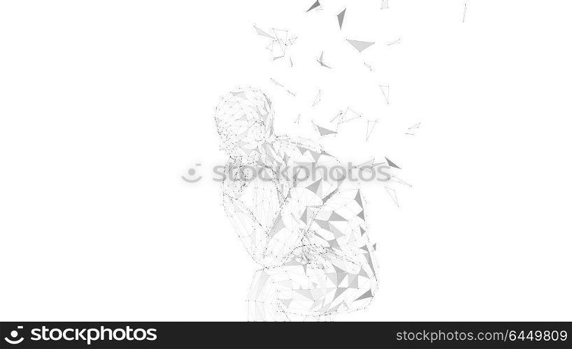 Conceptual abstract man thinking. Connected lines, dots, triangles, particles on white. Artificial intelligence concept. High technology vector digital background. 3D render vector illustration. Conceptual abstract man thinking. Connected lines, dots, triangles, particles on white background. Artificial intelligence concept. High technology vector digital background. 3D render vector illustration.