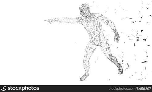 Conceptual abstract man touching or pointing to something. Connected lines, dots, triangles. Artificial intelligence concept. High technology vector digital background. 3D render vector illustration. Conceptual abstract man touching or pointing to something. Connected lines, dots, triangles, particles on white background. Artificial intelligence concept. High technology vector digital background. 3D render vector illustration