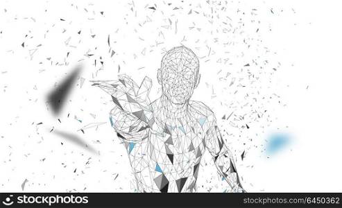 Conceptual abstract man touching or pointing to something. Connected lines, dots, triangles, particles. Artificial intelligence concept. High technology vector, digital background. 3D render vector. Conceptual abstract mantouching or pointing to something. Connected lines, dots, triangles, particles. Artificial intelligence concept. High technology vector, digital background. 3D render vector illustration