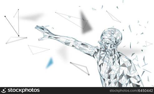 Conceptual abstract man touching or pointing to something. Connected lines, dots, triangles, particles. Artificial intelligence concept. High technology vector, digital background. 3D render vector. Conceptual abstract mantouching or pointing to something. Connected lines, dots, triangles, particles. Artificial intelligence concept. High technology vector, digital background. 3D render vector illustration
