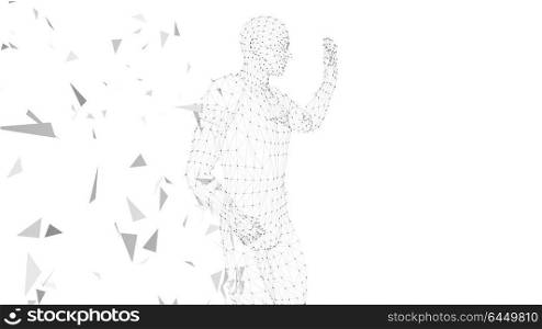 Conceptual abstract man with hand pointing up. Connected lines, dots, triangles, particles. Artificial intelligence concept. High technology vector digital background. 3D render vector illustration. Conceptual abstract man with hand pointing up. Connected lines, dots, triangles, particles on white background. Artificial intelligence concept. High technology vector digital background. 3D render vector illustration