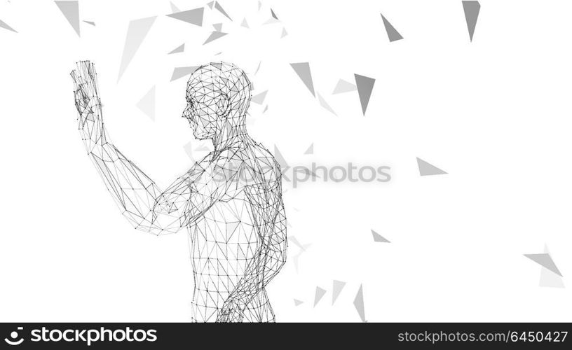 Conceptual abstract man with hand pointing up. Connected lines, dots, triangles, particles. Artificial intelligence concept. High technology vector digital background. 3D render vector illustration. Conceptual abstract man with hand pointing up. Connected lines, dots, triangles, particles on white background. Artificial intelligence concept. High technology vector digital background. 3D render vector illustration