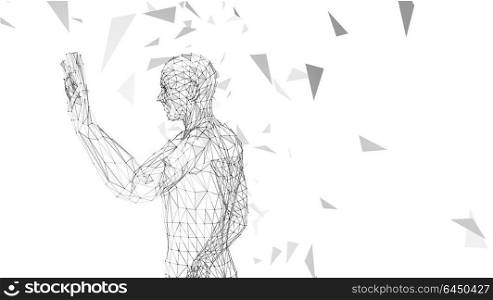 Conceptual abstract man with hand pointing up. Connected lines, dots, triangles, particles. Artificial intelligence concept. High technology vector digital background. 3D render vector illustration. Conceptual abstract man with hand pointing up. Connected lines, dots, triangles, particles on white background. Artificial intelligence concept. High technology vector digital background. 3D render vector illustration
