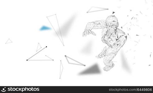 Conceptual abstract man with hands up. Connected lines, dots, triangles, particles. Artificial intelligence concept. High technology vector, digital background. 3D render vector illustration.. Conceptual abstract man with hands up. Connected lines, dots, triangles, particles. Artificial intelligence concept. High technology vector, digital background. 3D render vector illustration