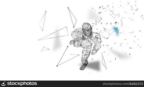 Conceptual abstract man with hands up. Connected lines, dots, triangles, particles. Artificial intelligence concept. High technology vector, digital background. 3D render vector illustration.. Conceptual abstract man with hands up. Connected lines, dots, triangles, particles. Artificial intelligence concept. High technology vector, digital background. 3D render vector illustration
