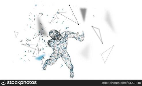Conceptual abstract man with hands up. Connected lines, dots, triangles, particles. Artificial intelligence concept. High technology vector, digital background. 3D render vector illustration.. Conceptual abstract man with hands up. Connected lines, dots, triangles, particles. Artificial intelligence concept. High technology vector, digital background. 3D render vector illustration