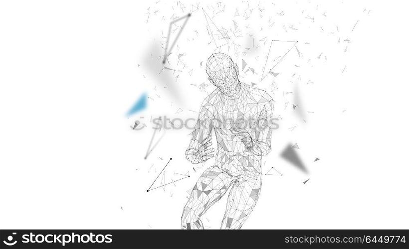 Conceptual abstract man with protective gesture. Connected lines, dots, triangles, particles. Cloud computing security concept. High technology vector, digital background. 3D render vector.. Conceptual abstract man with protective gesture. Connected lines, dots, triangles, particles. Cloud computing security concept. High technology vector, digital background. 3D render vector illustration.