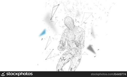 Conceptual abstract man with protective gesture. Connected lines, dots, triangles, particles. Cloud computing security concept. High technology vector, digital background. 3D render vector.. Conceptual abstract man with protective gesture. Connected lines, dots, triangles, particles. Cloud computing security concept. High technology vector, digital background. 3D render vector illustration.