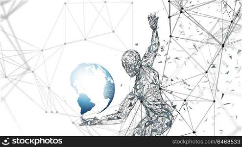 Conceptual abstract man with world globe. Connected lines, dots, triangles, particles. Artificial intelligence concept. High technology vector, digital background. 3D render vector illustration.. Conceptual abstract man with world globe. Connected lines, dots, triangles, particles on white background. Artificial intelligence concept. High technology vector, digital background. 3D render vector illustration