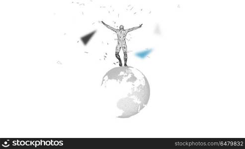 Conceptual abstract man with world globe. Connected lines, dots, triangles, particles. Artificial intelligence concept. High technology vector, digital background. 3D render vector illustration.. Conceptual abstract man with world globe. Connected lines, dots, triangles, particles on white background. Artificial intelligence concept. High technology vector, digital background. 3D render vector illustration