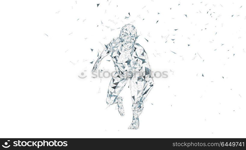 Conceptual abstract running man. Runner with connected lines, dots, triangles. Artificial intelligence, digital sport concept. High technology vector digital background. 3D render vector illustration. Conceptual abstract running man. Runner with connected lines, dots, triangles, particles on white background. Artificial intelligence, digital sport concept. High technology vector digital background. 3D render vector illustration