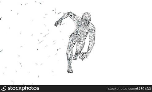 Conceptual abstract running man. Runner with connected lines, dots, triangles. Artificial intelligence, digital sport concept. High technology vector digital background. 3D render vector illustration. Conceptual abstract running man. Runner with connected lines, dots, triangles, particles on white background. Artificial intelligence, digital sport concept. High technology vector digital background. 3D render vector illustration