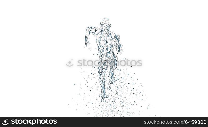 Conceptual abstract running man. Runner with connected lines, dots, triangles. Artificial intelligence, digital sport concept. High technology vector digital background. 3D render vector illustration. Conceptual abstract running man. Runner with connected lines, dots, triangles, particles on white background. Artificial intelligence, digital sport concept. High technology vector digital background. 3D render vector illustration