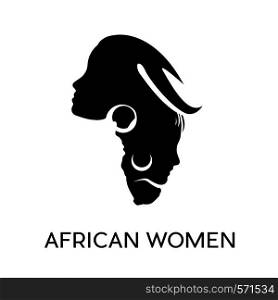 Conceptual africa with profile of two african women heads. Vector black icon