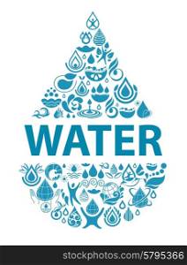 Conceptual background of pure water. Set of water icons and design elements.
