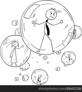 Conceptual Cartoon of Business people Imprisoned Inside the Glass Bubbles. Cartoon stick man drawing conceptual illustration of businessman and businesswoman or people imprisoned inside glass bubbles. Business concept of human isolation and limitation.