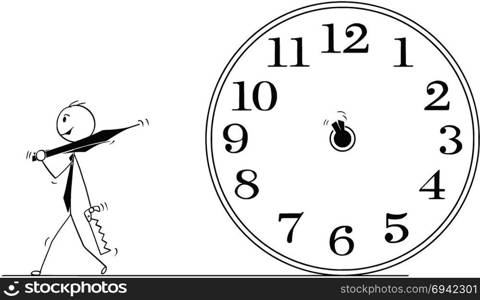 Conceptual Cartoon of Businessman and Time. Cartoon stick man drawing conceptual illustration of businessman who removed clock hands to stop time. Business concept of deadline and stress.