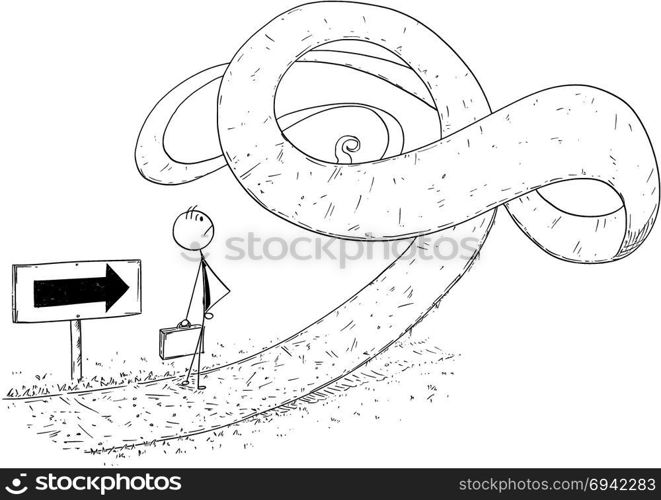 Conceptual Cartoon of Businessman Facing Crisis. Cartoon stick man drawing conceptual illustration of businessman facing obstacle or problem in his way. Business concept of crisis and career difficulty.