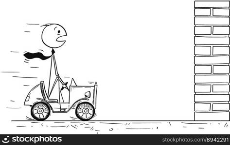 Conceptual Cartoon of Businessman Facing Crisis. Cartoon stick man drawing conceptual illustration of businessman driving small car facing obstacle or problem in his way. Business concept of success, crisis and career difficulty.