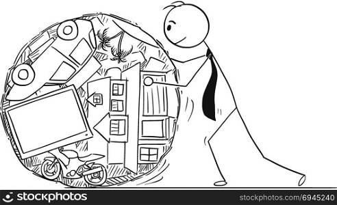 Conceptual Cartoon of Businessman or Man Rolling or Pushing his Life or Live Expenses. Cartoon stick man drawing conceptual illustration of businessman or man pushing or rolling his live expenses like loan and mortgage or life.