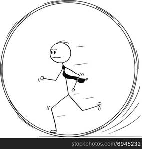 Conceptual Cartoon of Businessman Running in Squirrel Wheel. Cartoon stick man drawing conceptual illustration of businessman running in squirrel wheel or in circle. Business concept of repeating work or career stagnation.