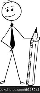 Conceptual Cartoon of Businessman Standing with Pencil. Cartoon stick man drawing conceptual illustration of businessman standing and posing with pencil.