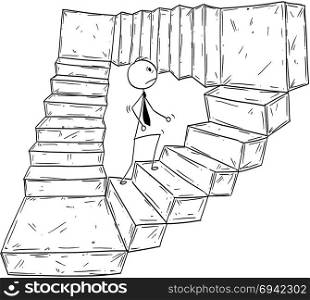 Conceptual Cartoon of Businessman Walking Up Endless Stairs. Cartoon stick man drawing conceptual illustration of businessman walking up endless stairs. Business concept of career, work and success.